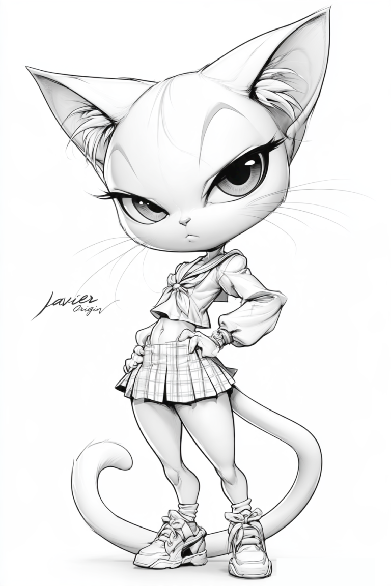 Gatita anime con uniforme escolar para colorear