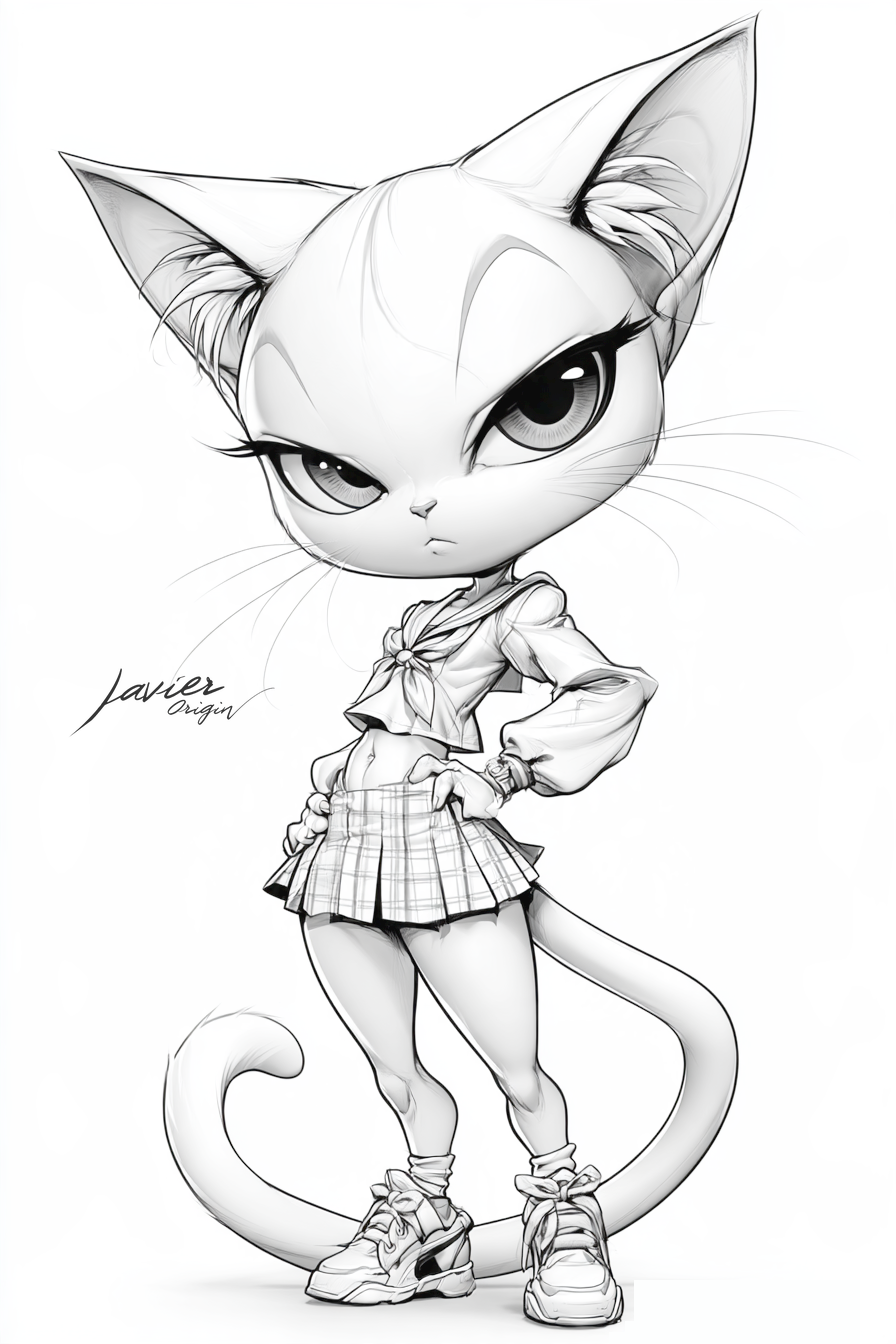 Gatita de estilo anime con uniforme escolar, falda a cuadros y zapatillas, en blanco y negro