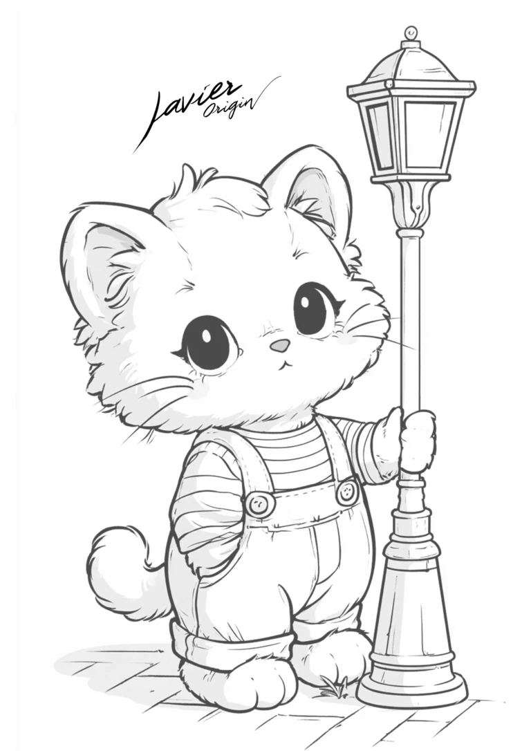 Gatito con peto junto a una farola para colorear