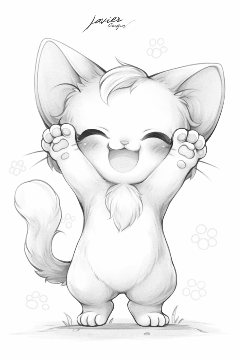 Gatito feliz con patitas levantadas para colorear
