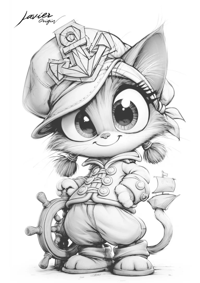 Gatito marinero con timón para colorear