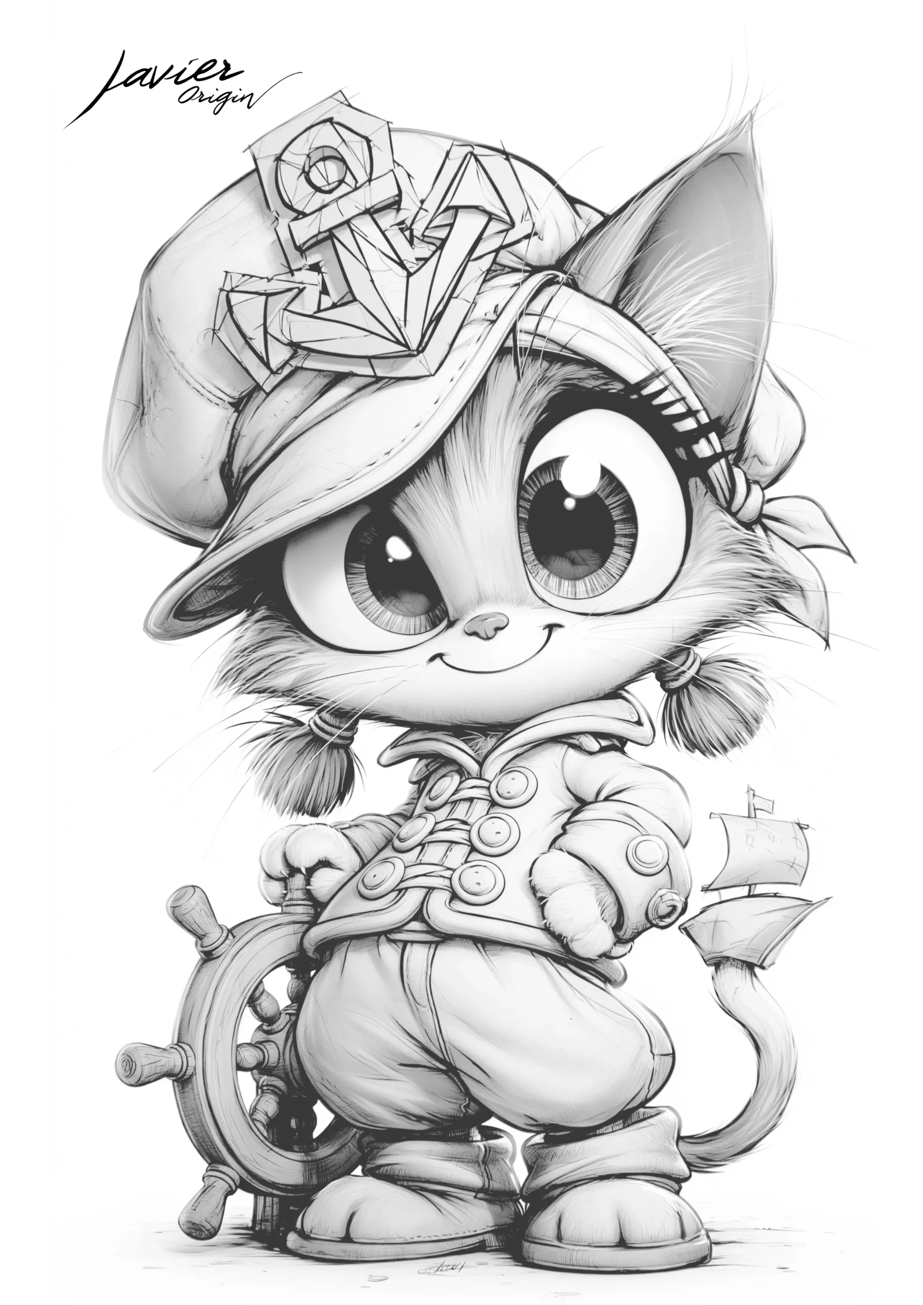 Gatito kawaii con gorra de ancla y chaqueta marinera junto a un timón, con un pequeño velero detrás