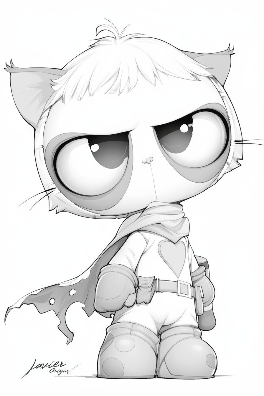 Gato chibi vestido de superhéroe con capa, botas y un corazón en el pecho, dibujo para colorear