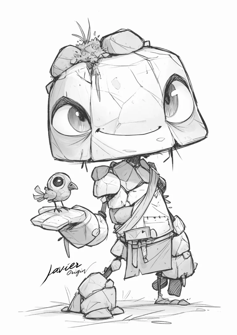 Gólem de piedra kawaii con pajarito para colorear