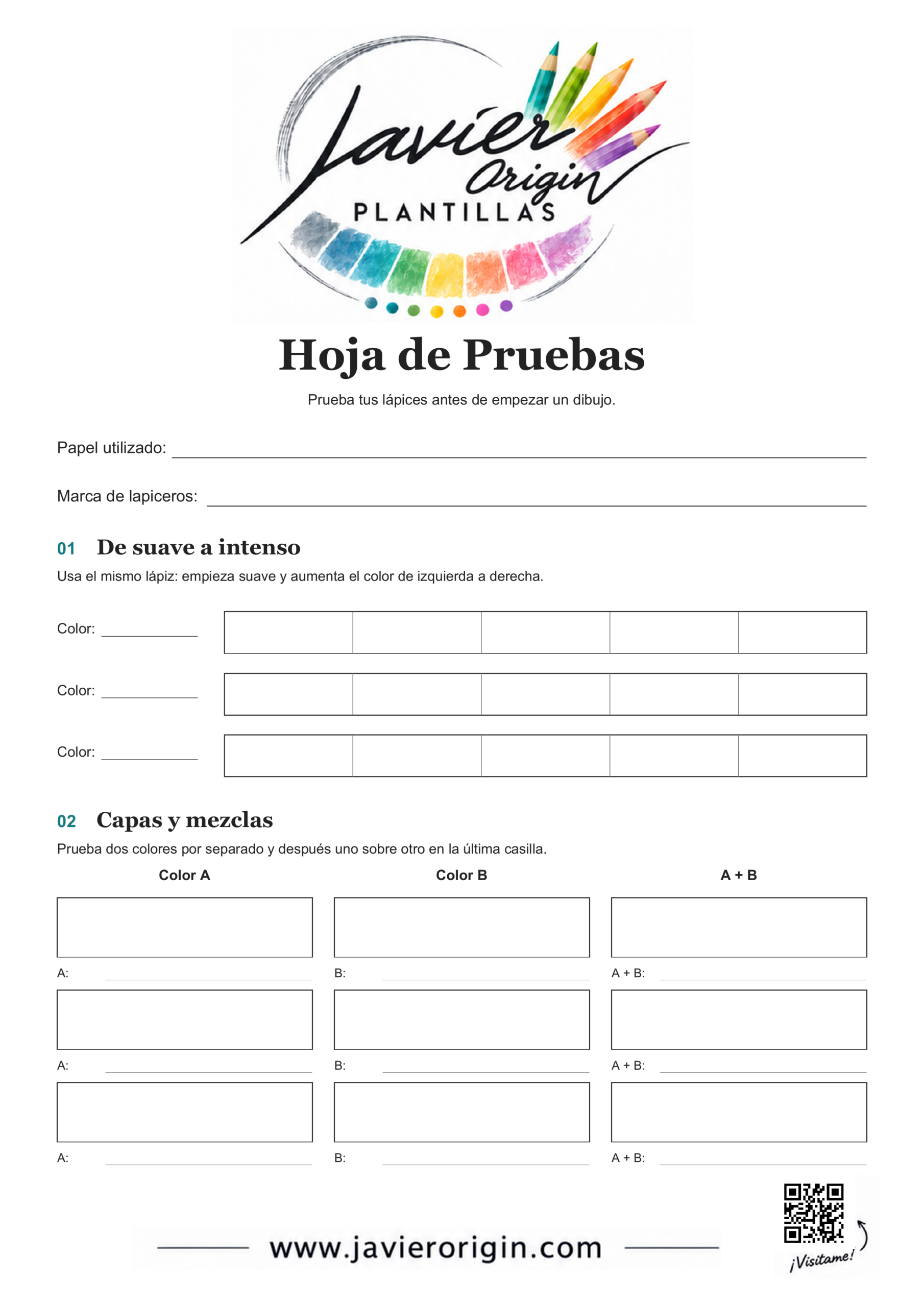 Hoja de pruebas de Javier Origin con espacios en blanco para intensidad, capas y mezclas de lápices