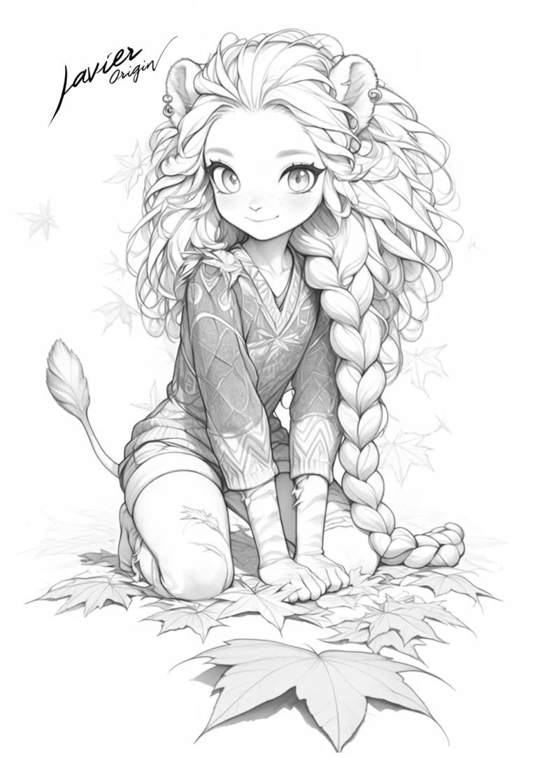 Leona de fantasía con trenza y hojas para colorear