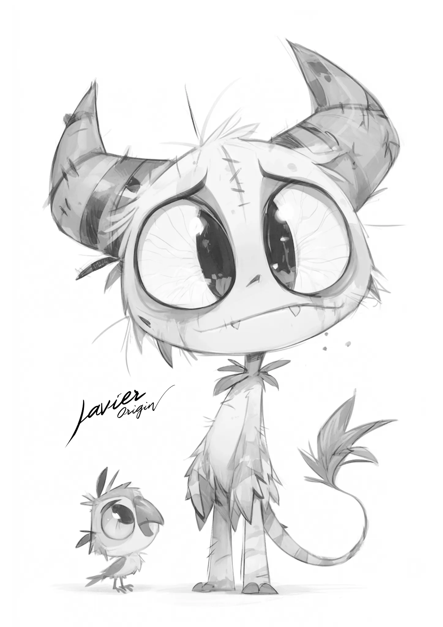 Grayscale coloring illustration of a large-eyed monster with curved horns and a long tail standing beside a small bird