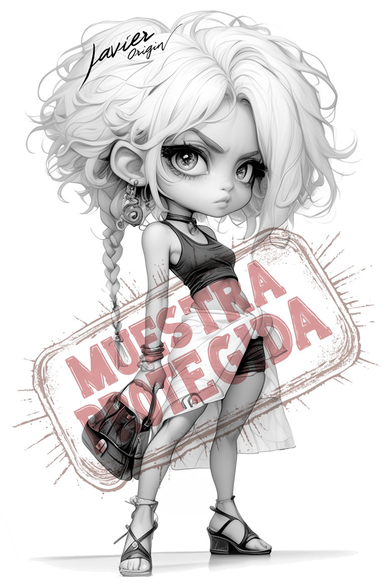 Personaje femenino chibi con trenza y sandalias, muestra protegida de Mundos Chibi Ladies