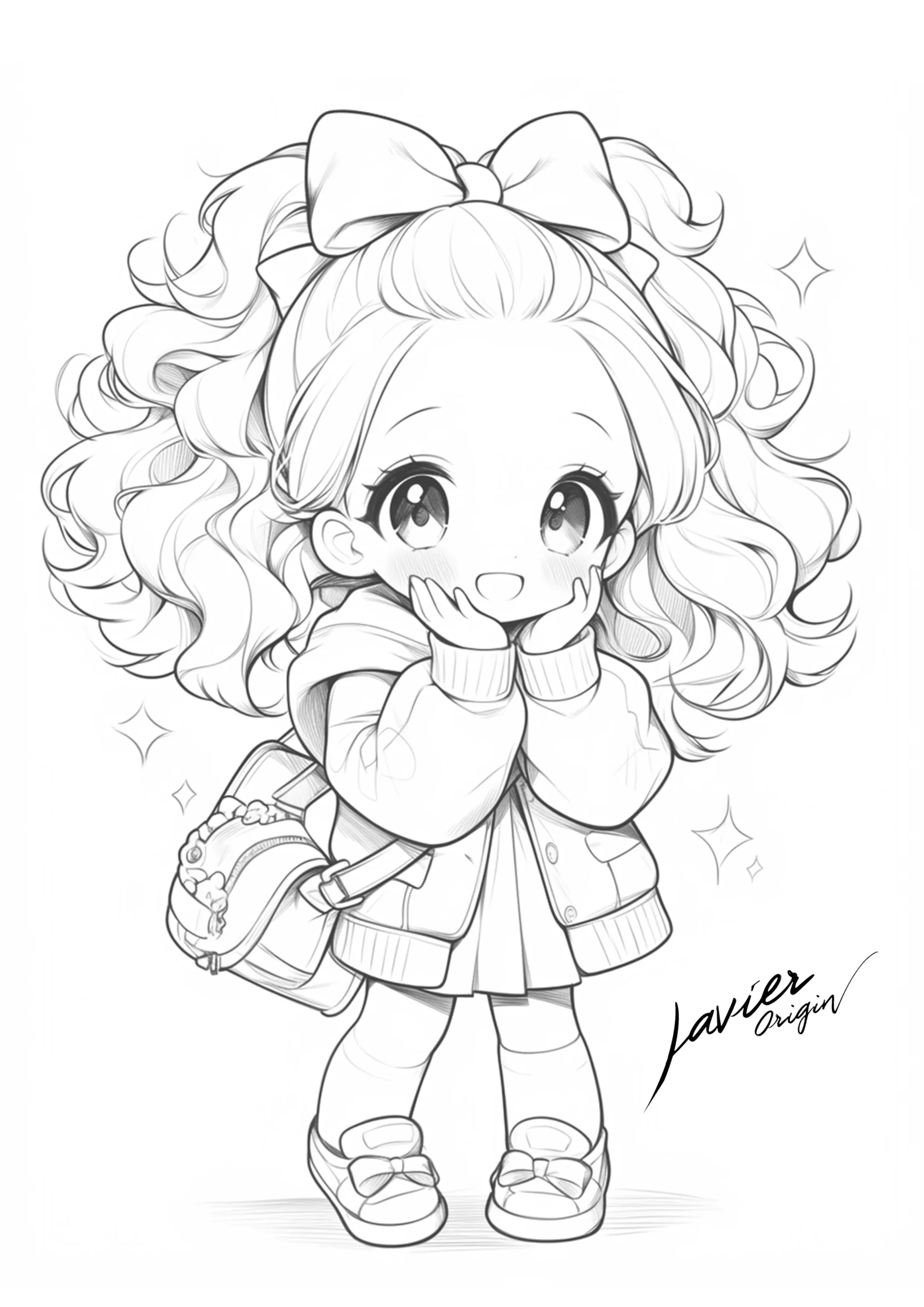 Muñeca kawaii sorprendida con dos coletas rizadas, chaqueta y mochila para colorear.