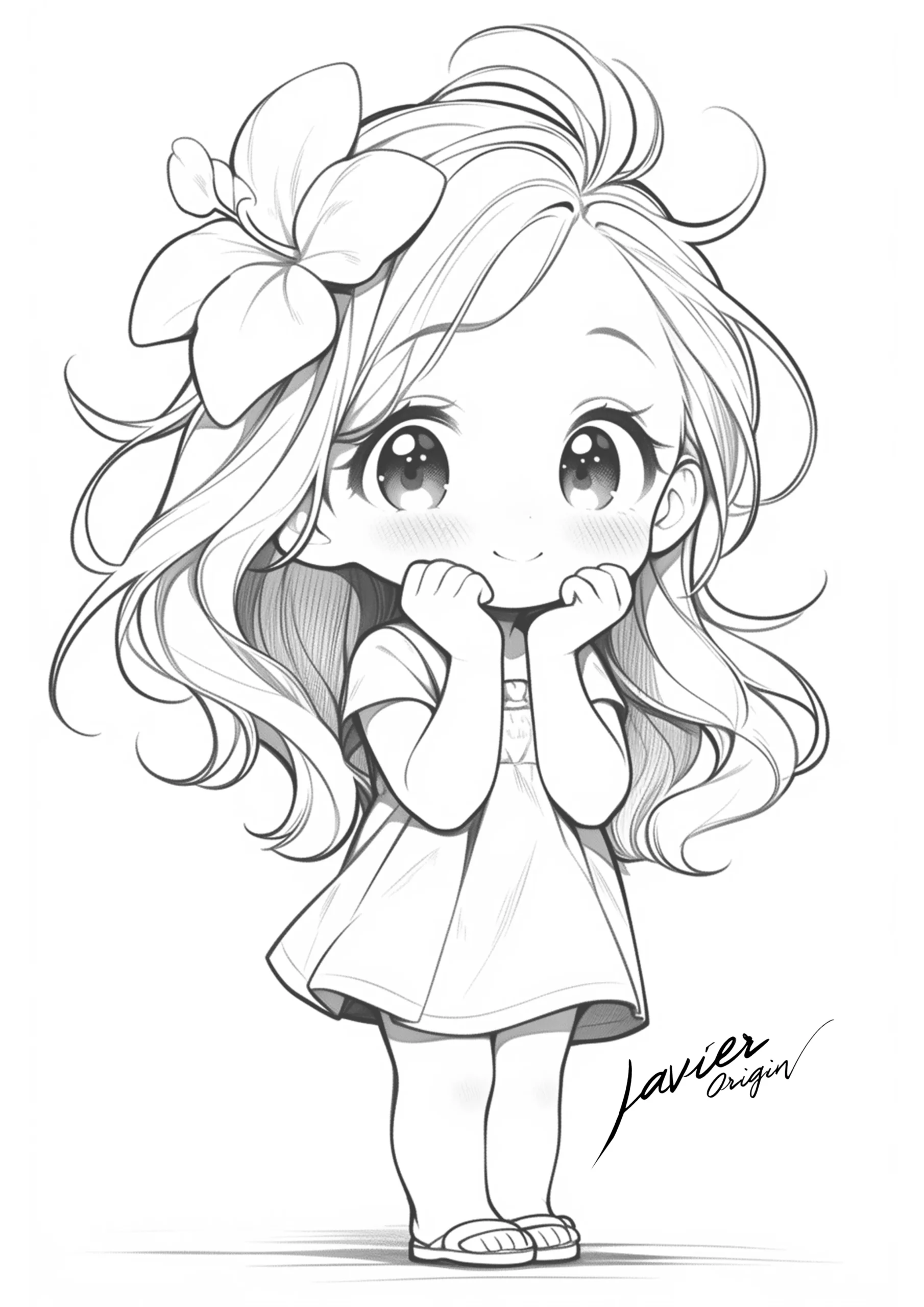 Muñeca kawaii con una flor grande en el pelo, vestido y sandalias para colorear.