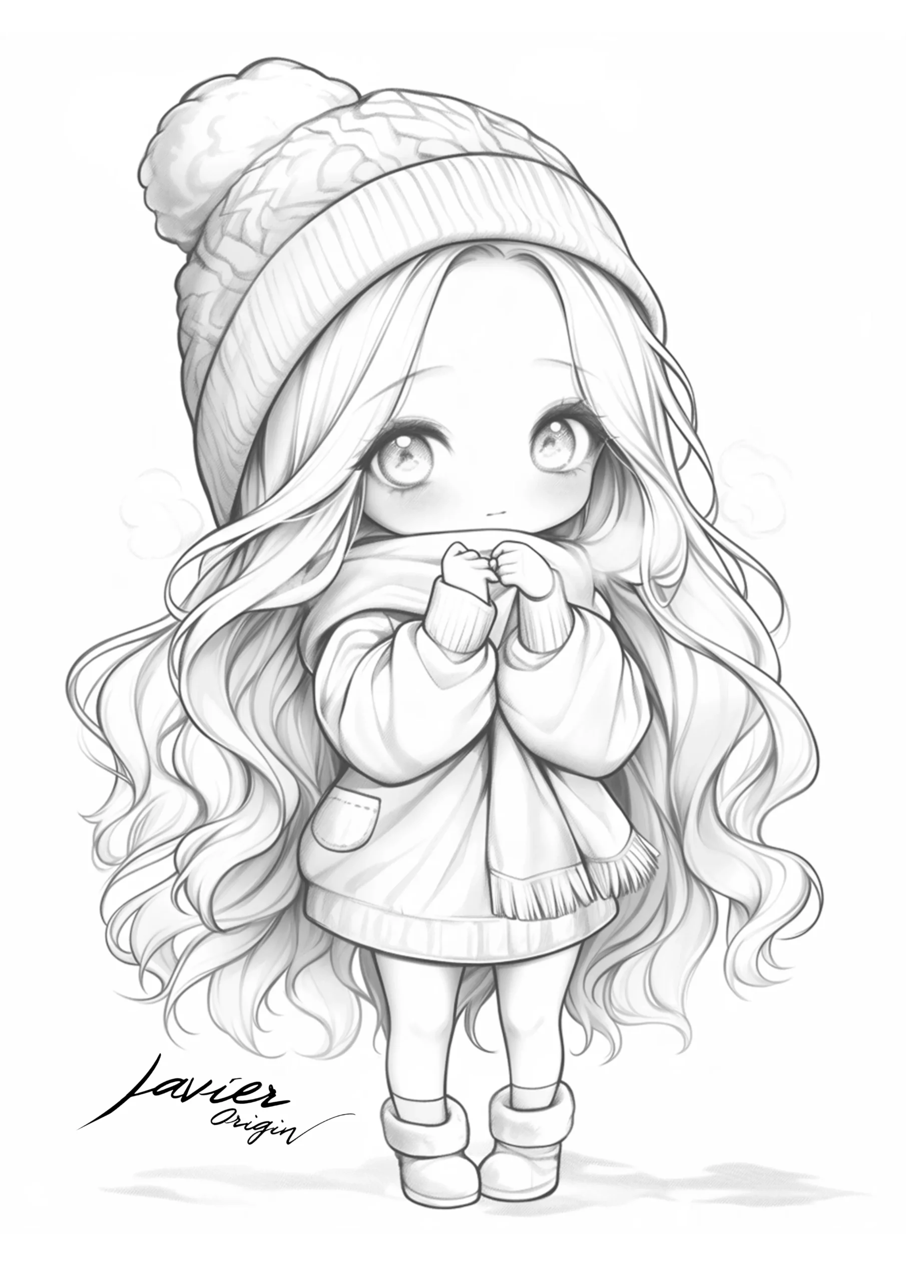Muñeca de pelo largo con gorro de pompón, bufanda, chaqueta y botas, en blanco y negro para colorear.