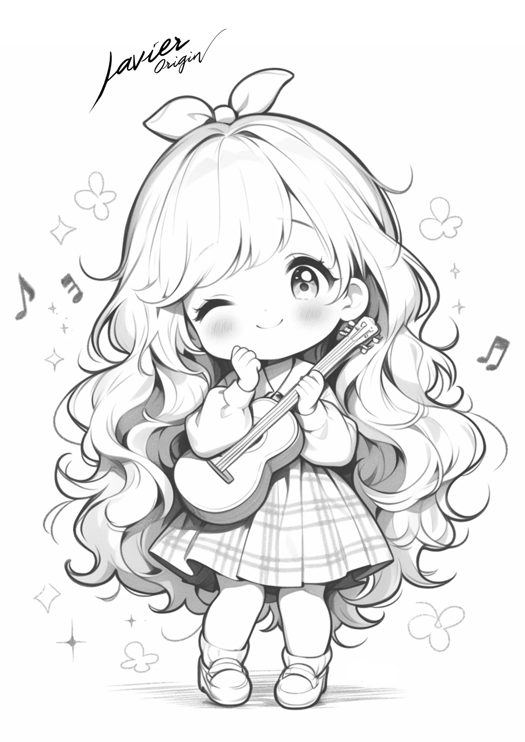 Muñeca con guitarra, cabello largo y un ojo guiñado, rodeada de notas musicales para colorear.