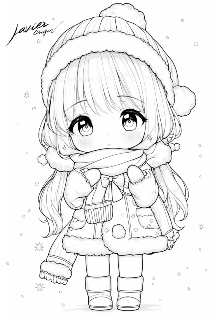 Muñeca kawaii de invierno para colorear