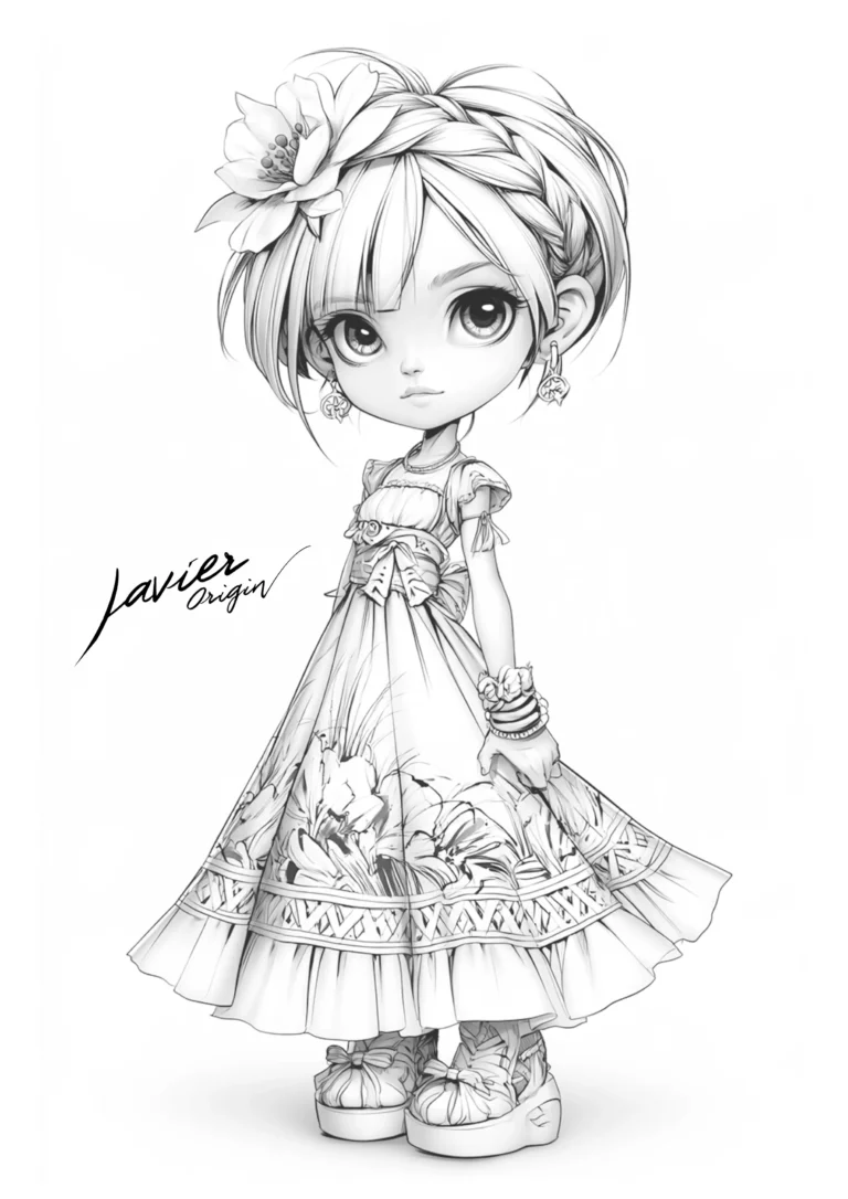 Muñeca kawaii con trenza y flor para colorear