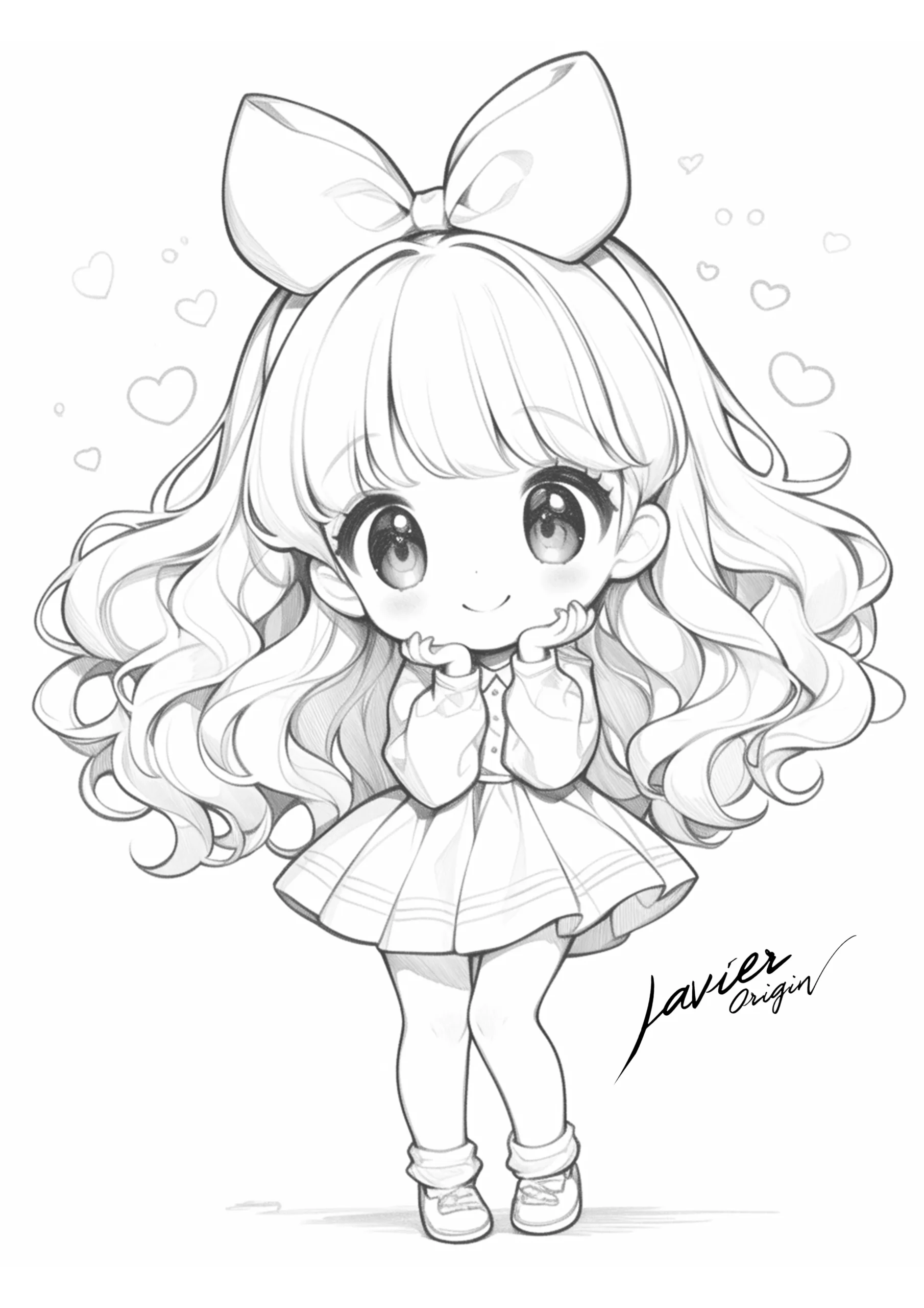 Muñeca kawaii con lazo grande y pelo ondulado: dibujo gratuito para colorear e imprimir.