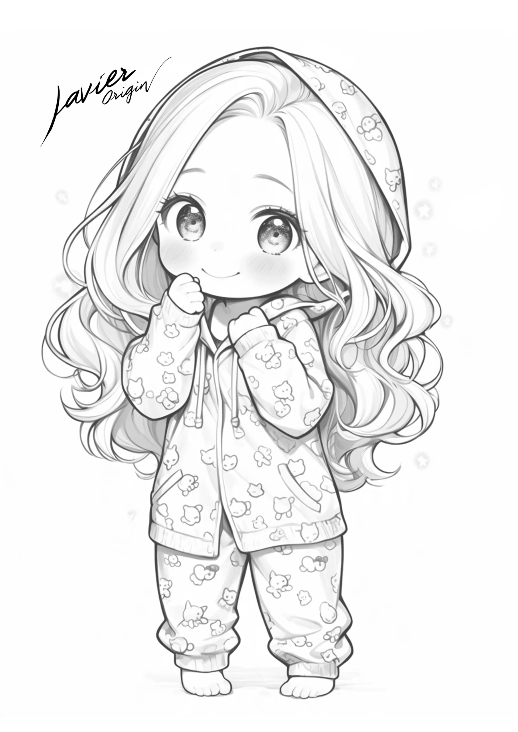 Muñeca de cabello ondulado con pijama de capucha estampado con pequeños animales y los pies descalzos, para colorear.