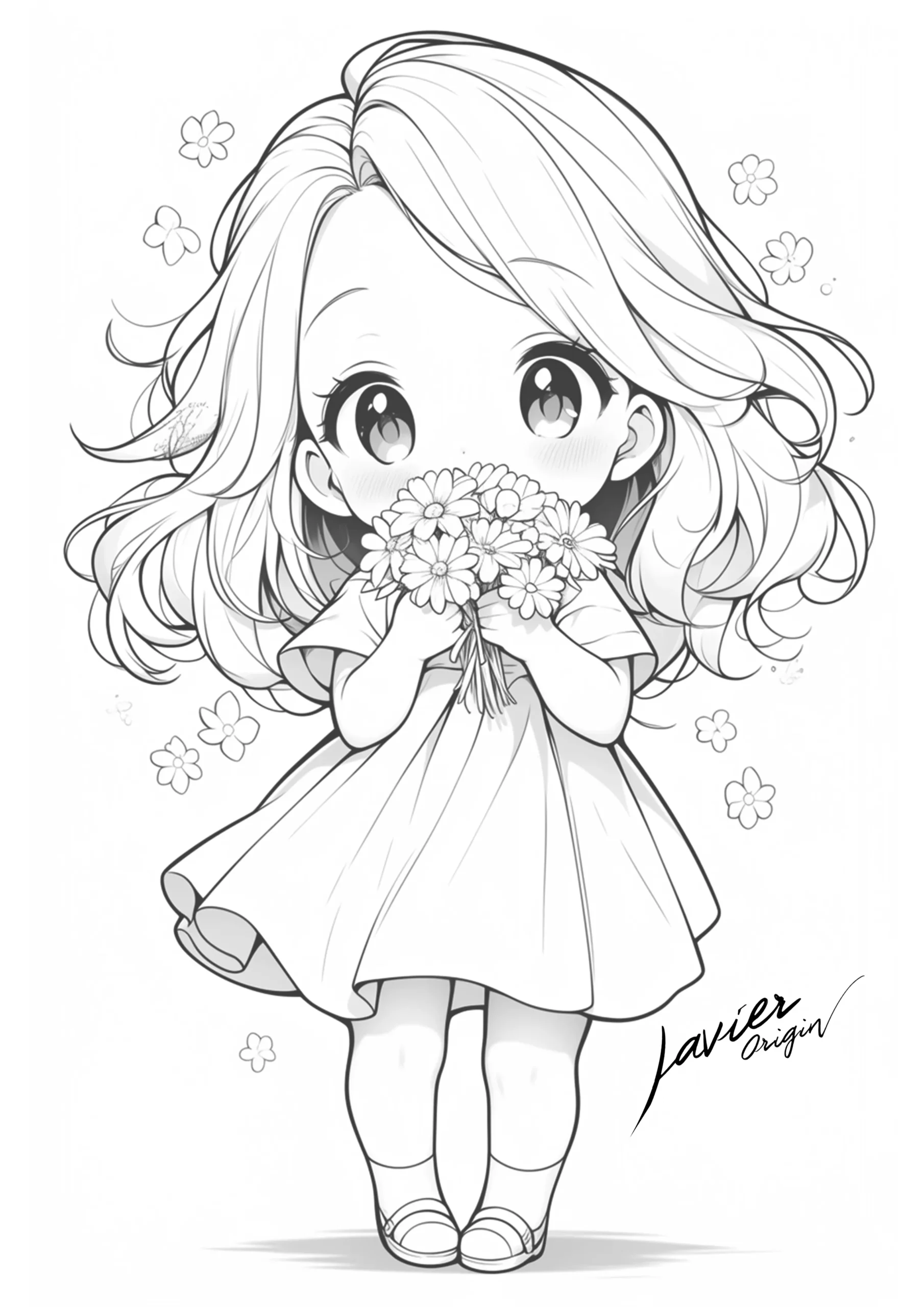 Muñeca con ramo de flores para colorear gratis