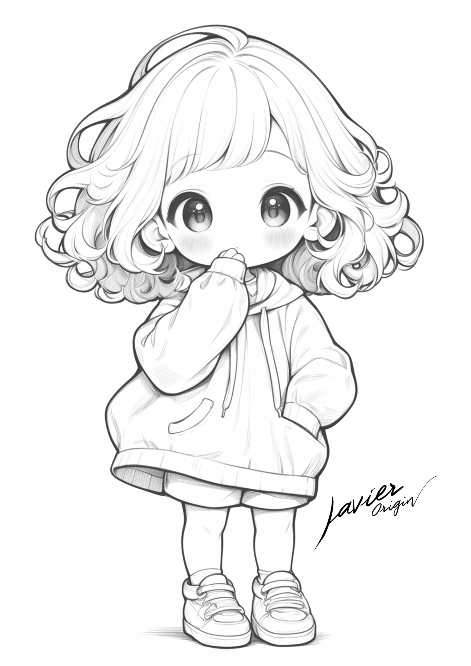 Muñeca de pelo rizado con sudadera y una mano junto a la boca, dibujada para colorear.