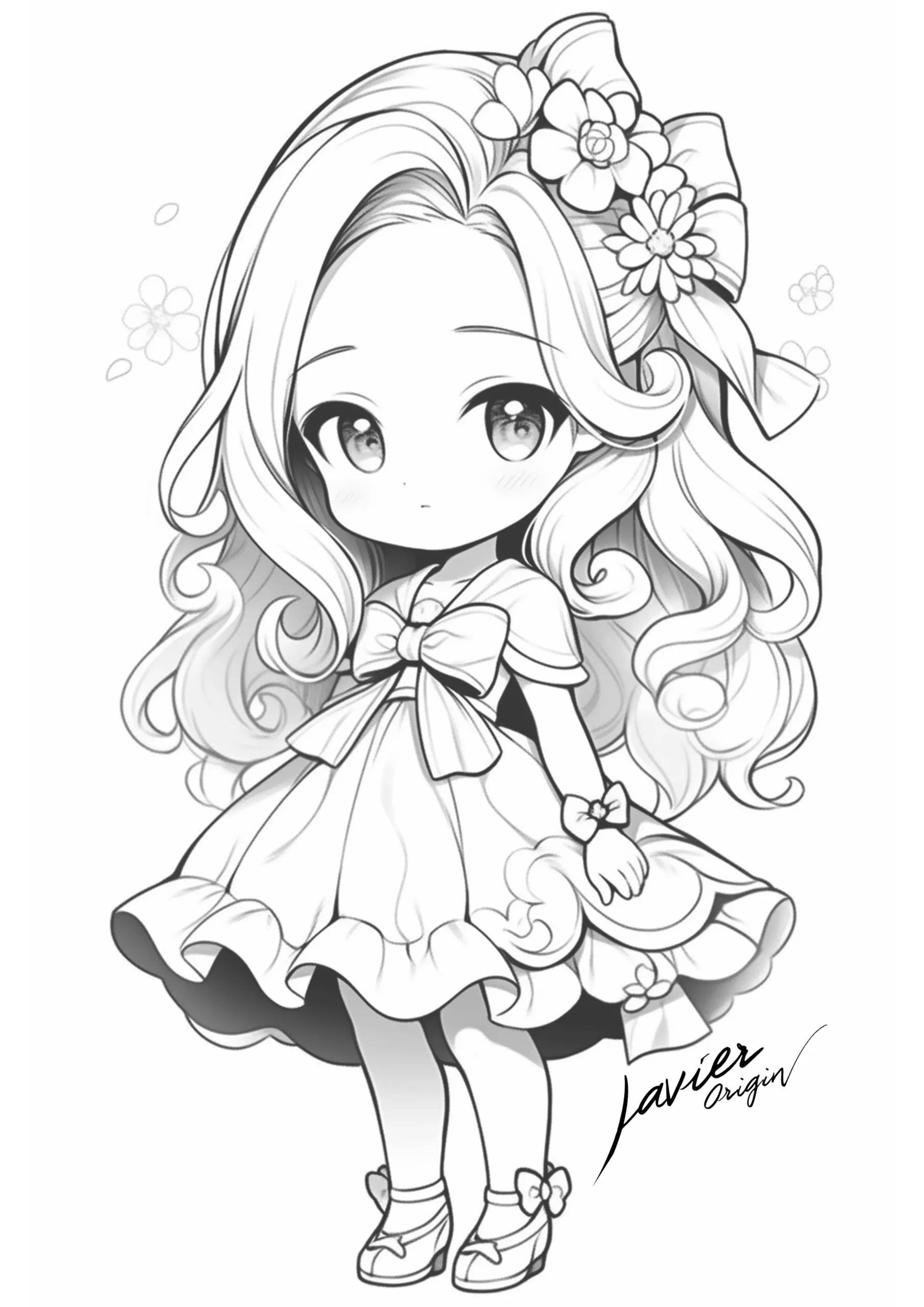 Muñeca de pelo largo con lazos y flores en un lado de la cabeza, vestido con volantes y zapatos con adornos, para colorear.
