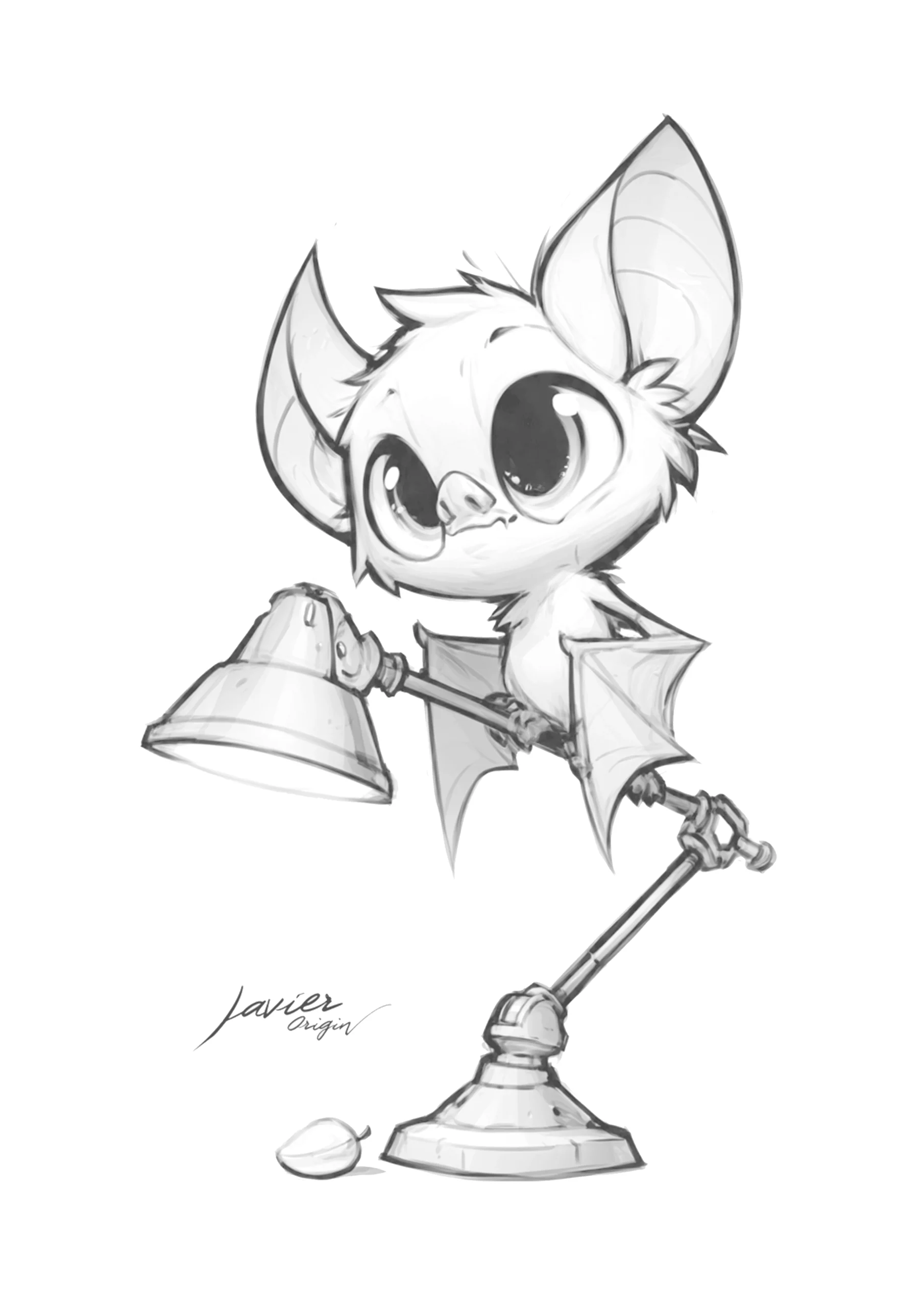 Big-eared kawaii bat perched on an adjustable desk lamp, ready to color