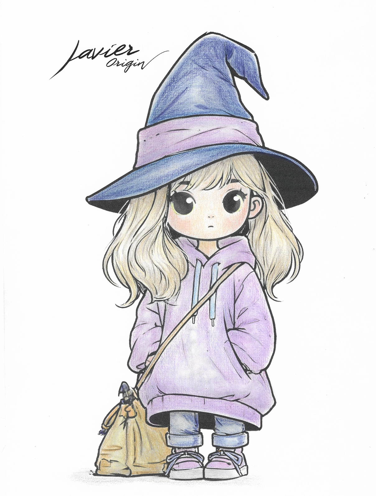 Kawaii witch girl with a blue hat, lilac hoodie and blonde hair, colored in pencil by nievesfeg