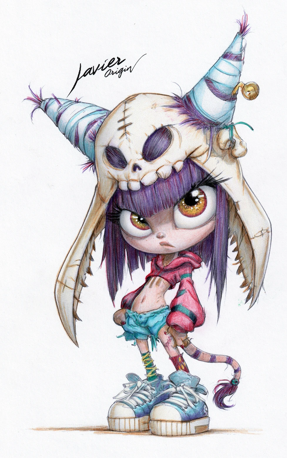 Chibi girl with purple hair, an ivory skull hood and turquoise horns, hand-colored with pencils by patro_espigares