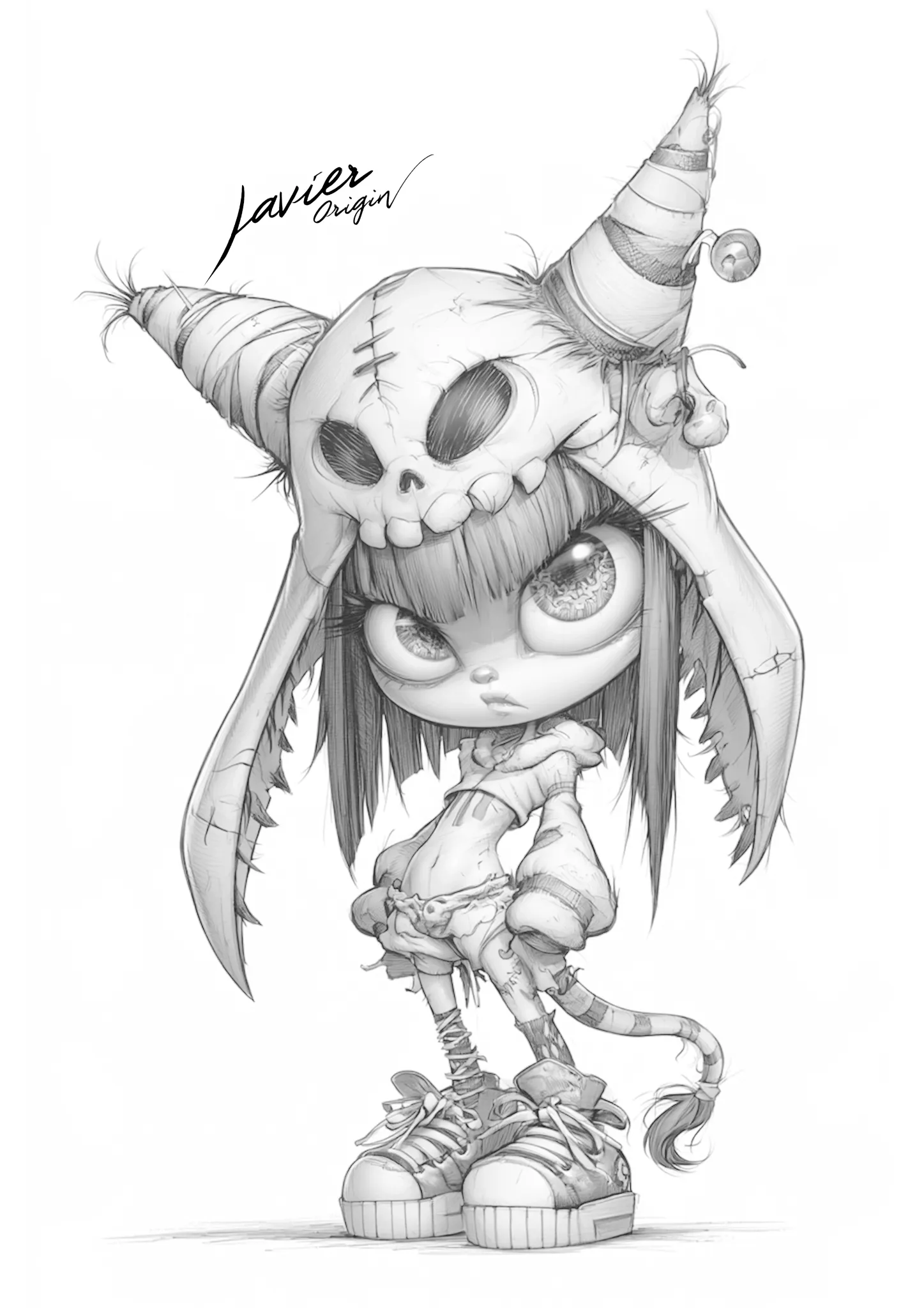 Uncolored drawing of a chibi girl wearing a skull hood with striped horns, straight hair and oversized sneakers