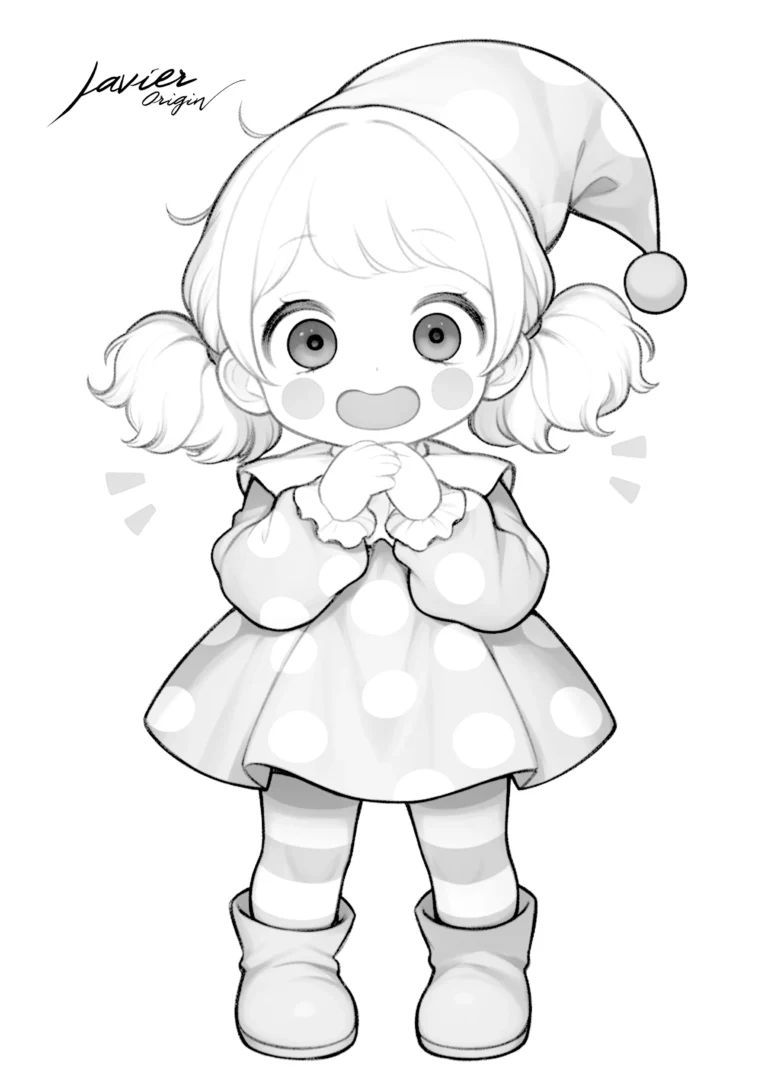 Payasita kawaii con vestido de lunares para colorear