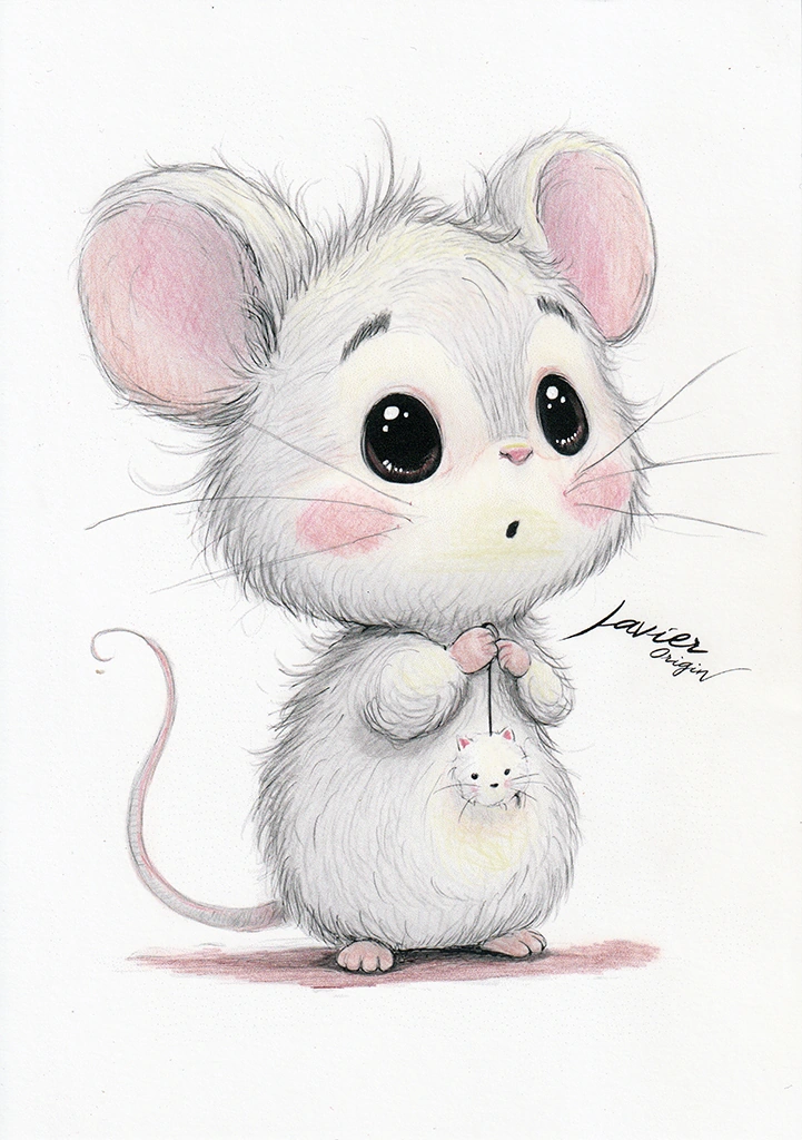 Kawaii mouse with pale gray fur, pink ears and kitten pendant, colored by soirolaba_scrap