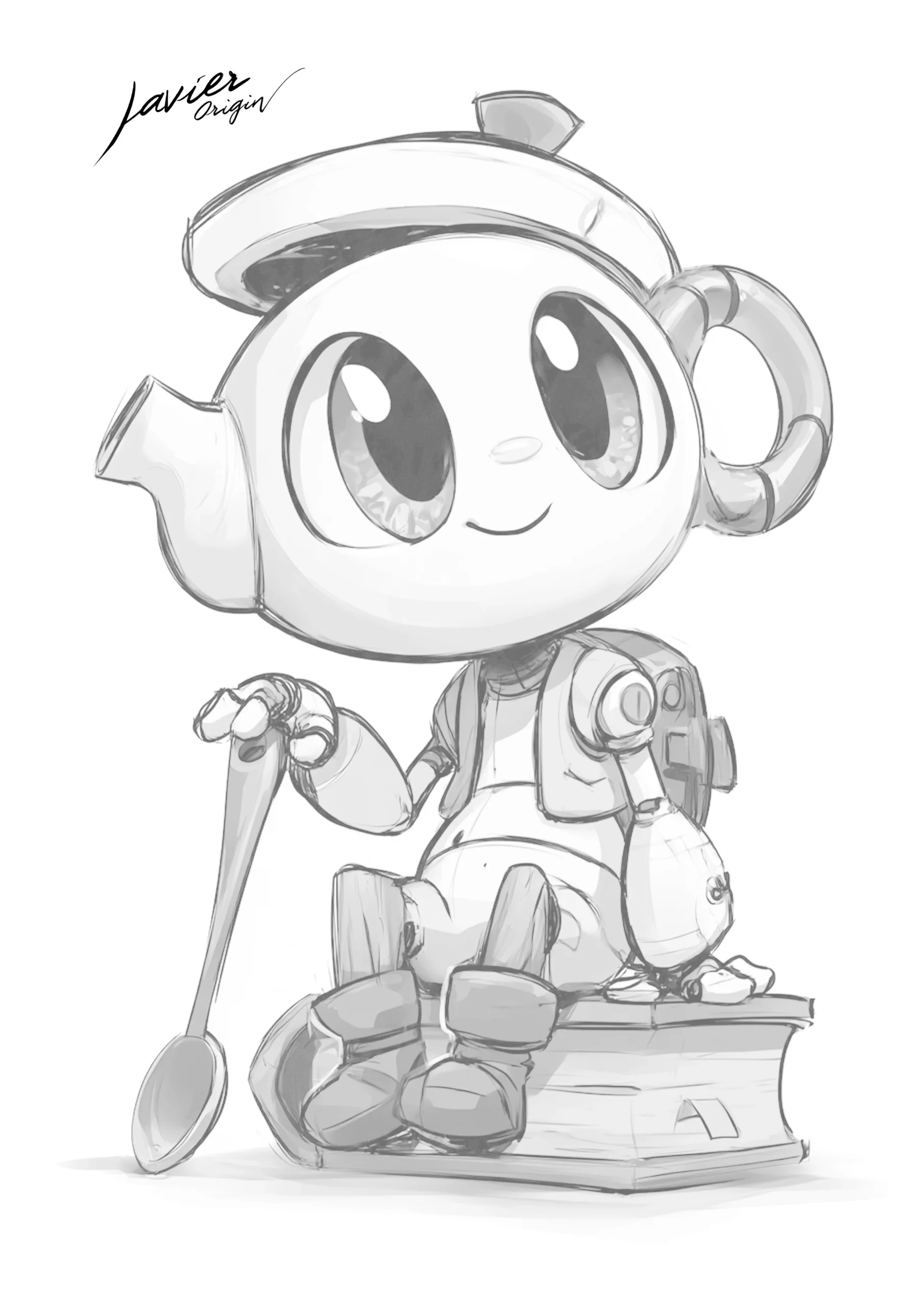 Teapot-headed robot sitting on a book and holding a spoon, ready to color