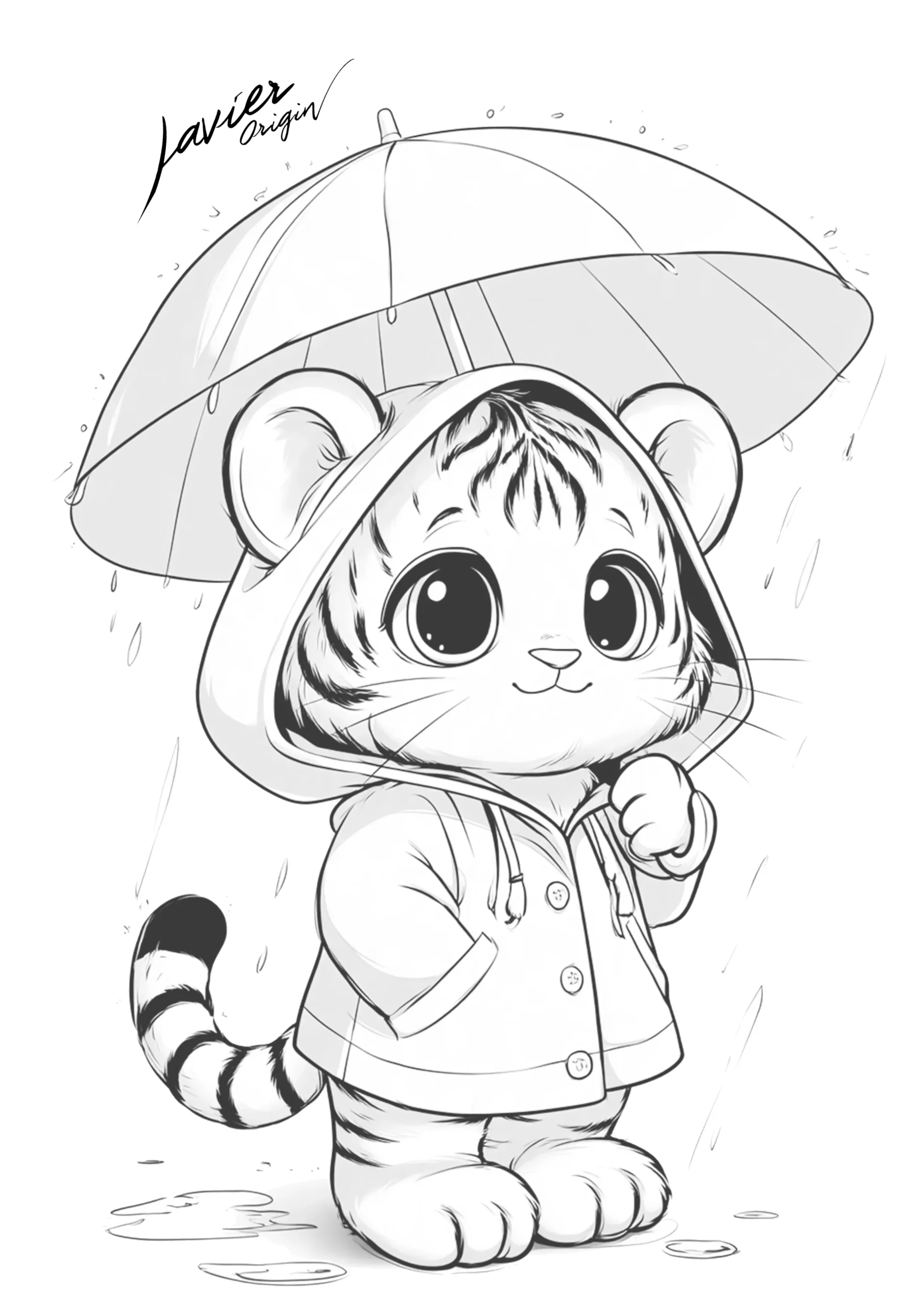 Tigre bebé con impermeable y paraguas bajo la lluvia, rodeado de gotas y pequeños charcos