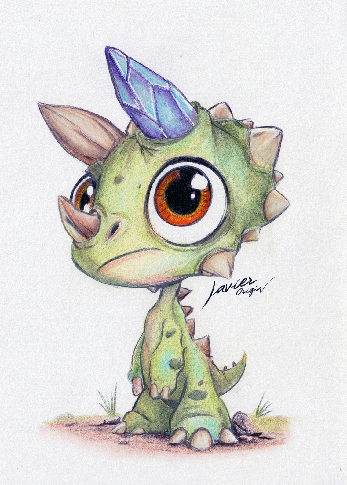 Green triceratops with orange eyes and a purple and turquoise horn, colored by patro_espigares