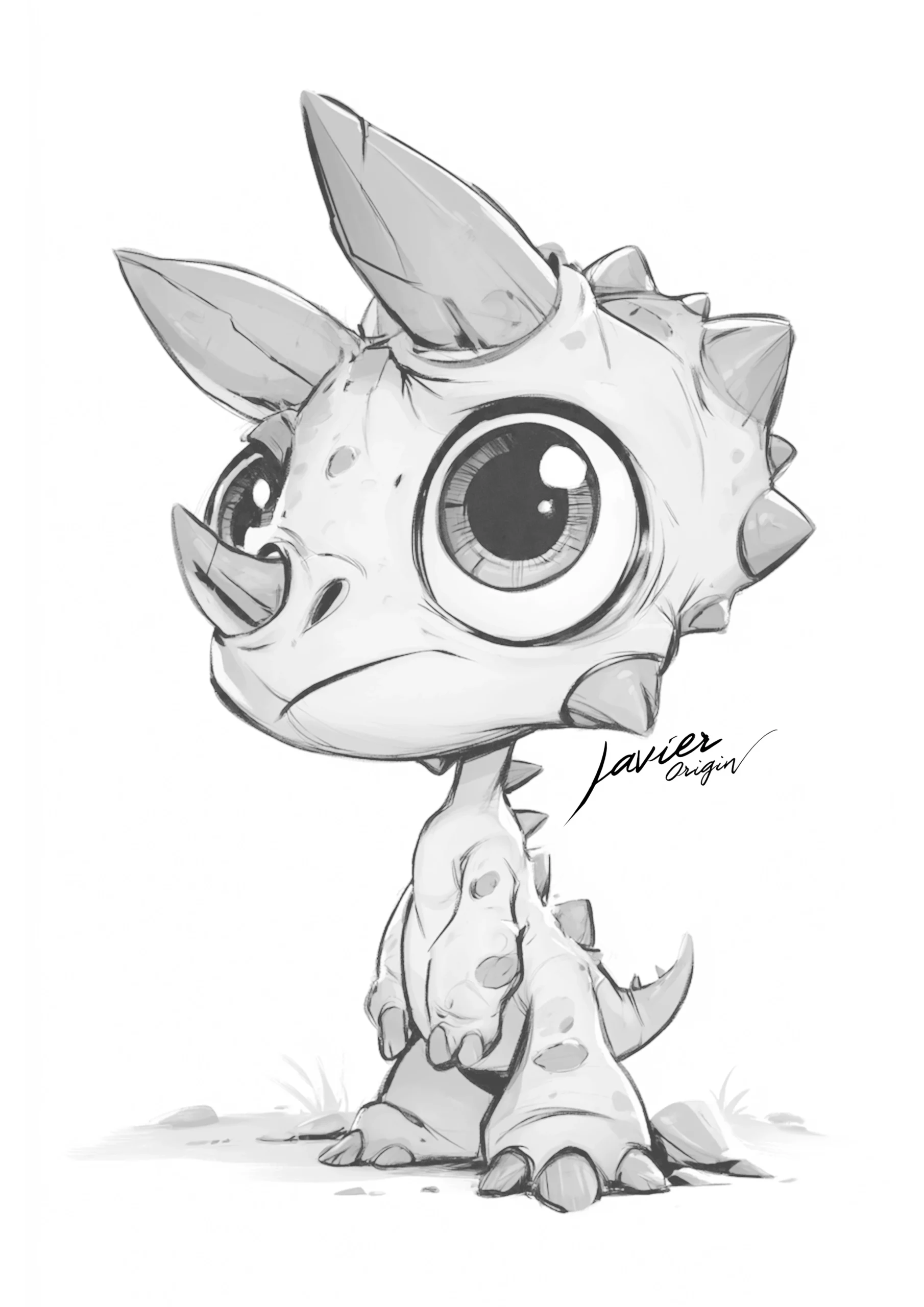 Standing kawaii triceratops with three horns and large eyes, in black and white for coloring