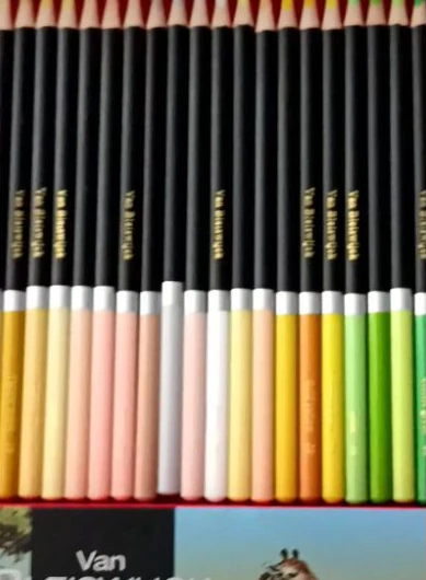 Close-up of yellow, pink and green Van Bleiswijck pencils from Javier Origin’s reel