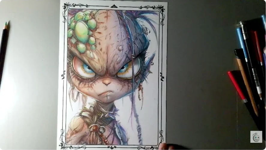 Screenshot from Javier Origin’s live session showing the colored fantasy cat with warm highlights on the left and blues on the right