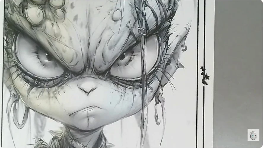 Grayscale fantasy cat drawing at the start of Javier Origin’s live session, before adding color
